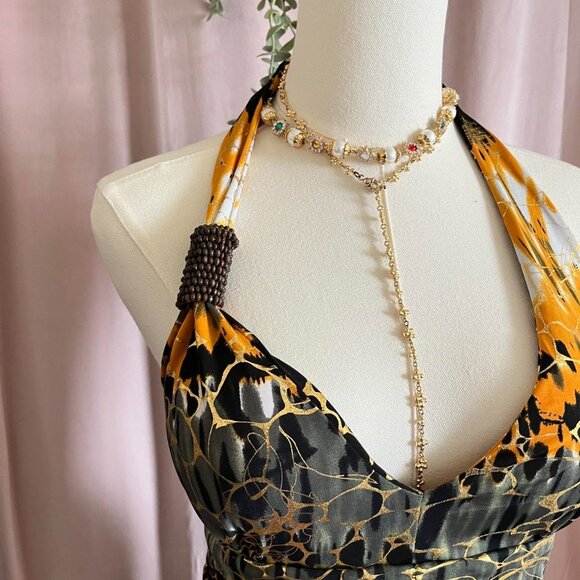 INGEAR 2000s Y2K Black and Yellow Print Halter Neck Sundress - Picture 3 of 8